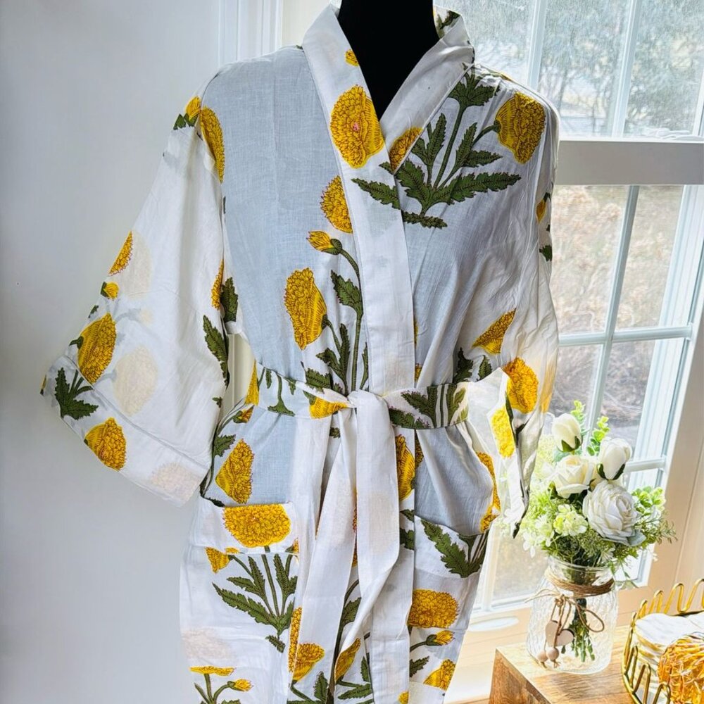 BRAND NEW Cotton Kimono Robe Dressing Gown Block Print Bridesmaid Bath Robe